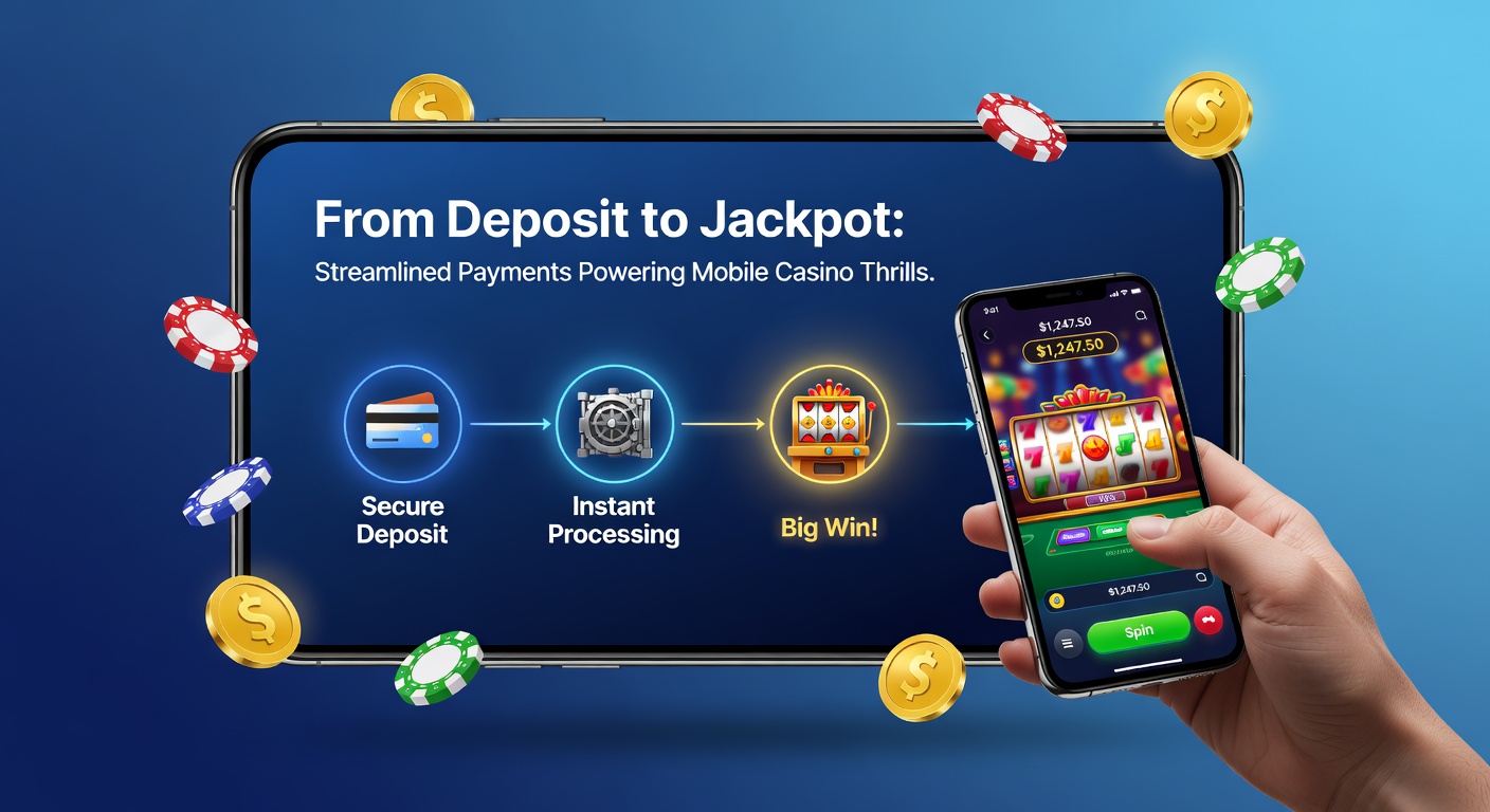Detaillierte Infografik, die den Zahlungsfluss von Einzahlung über Gameplay bis zur Auszahlung eines Jackpots in einem Mobile Casino darstellt, mit Icons für Sicherheitsschlösser und Blitz-Überweisungen